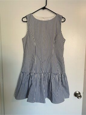 TCEC Blue White Stripe Drop Waist Dress L Pleated Ruffle Hem Coastal Preppy